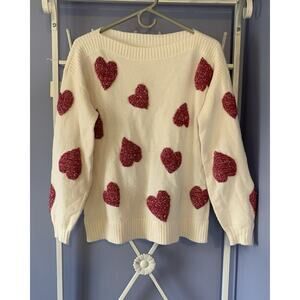 LOFT White Boatneck Sparkle Heart Sweater Hollidays preppy XS